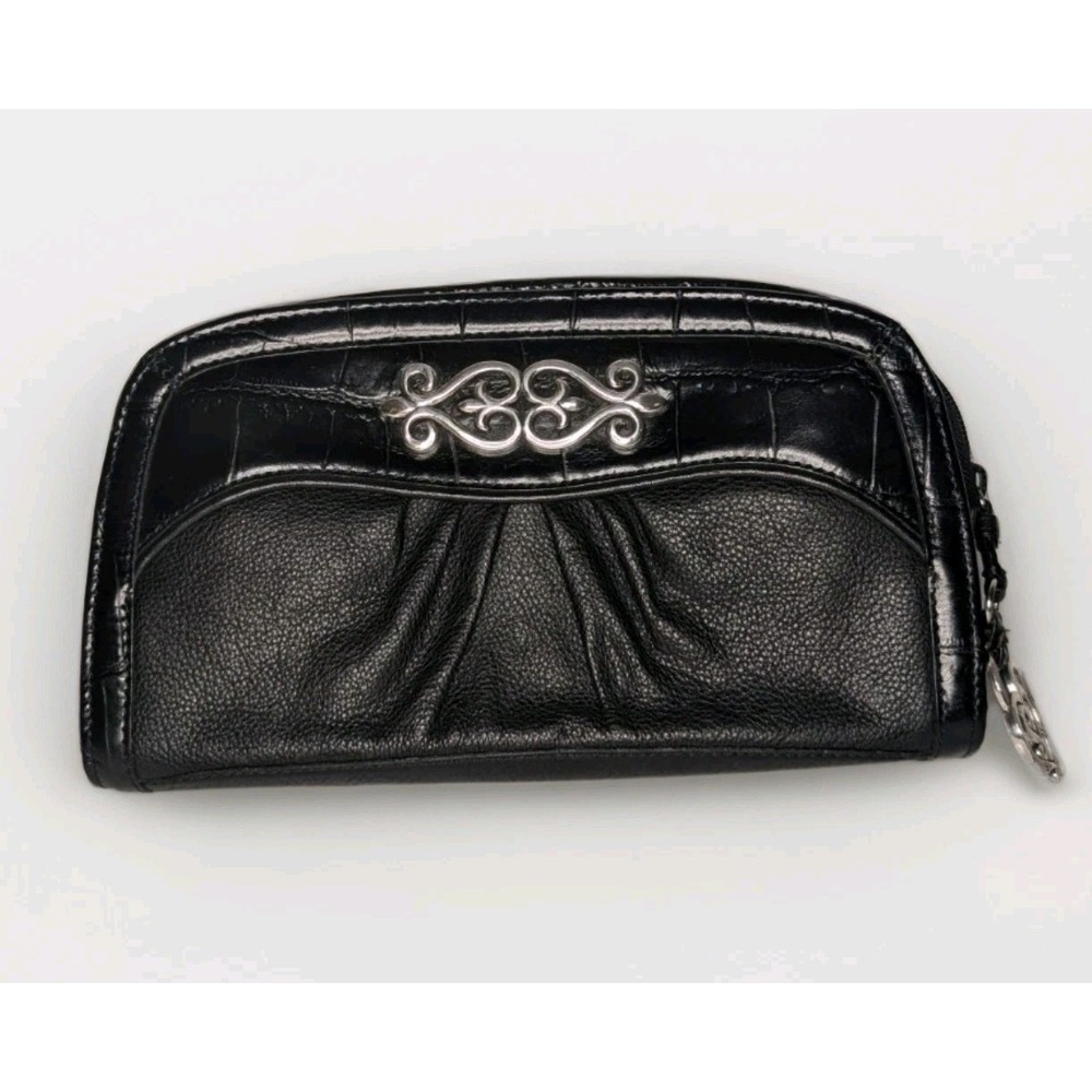 Brighton Black Leather Zip Clutch Wallet Croc Trim Scrollwork Silver Hardware